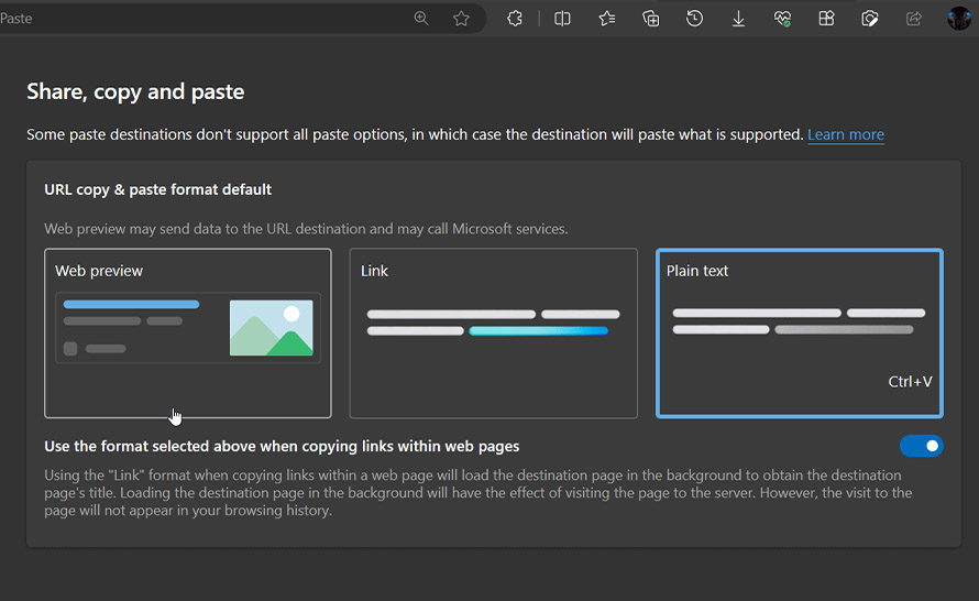 Wklejanie linków z podglądem testowane w Microsoft Edge