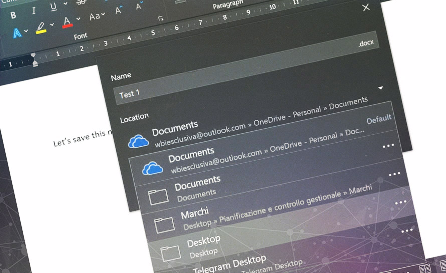Tak wygląda nowe menu szybkiego zapisu w Office 365
