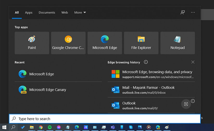 Historia przeglądania Edge zintegrowana z wyszukiwarką Windows 10