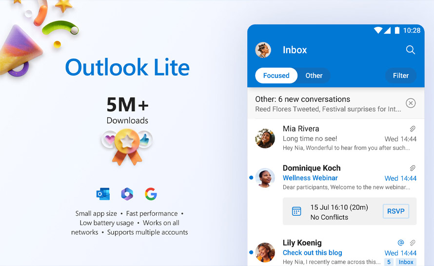 Outlook Lite na Androida pobrany 5+ mln razy