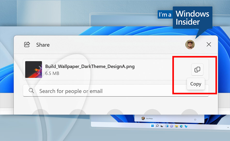 Kopiowanie z okienka udostępniania w Windows 11 (build 26231 w Canary Channel)