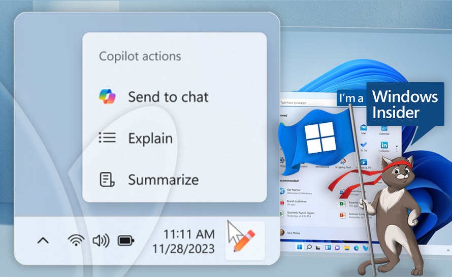 Nowe menu akcji Copilota w Windows 11 23H2 (build 22635.3286 w Beta Channel)