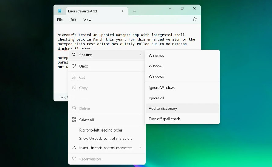 Sprawdzanie pisowni w Notatniku na Windows 11 szerzej dostępne