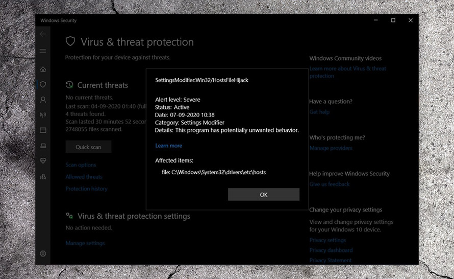 Microsoft Defender blokuje ręczne edycje pliku hosts