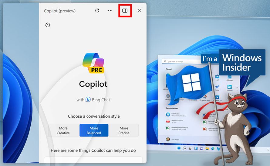 Odłączanie i zmiana rozmiaru Copilota w Windows 11 (build 23601 w Dev Channel)