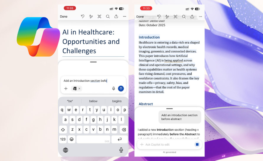 Microsoft 365 Copilot jako współtwórca w Wordzie na iPhonie