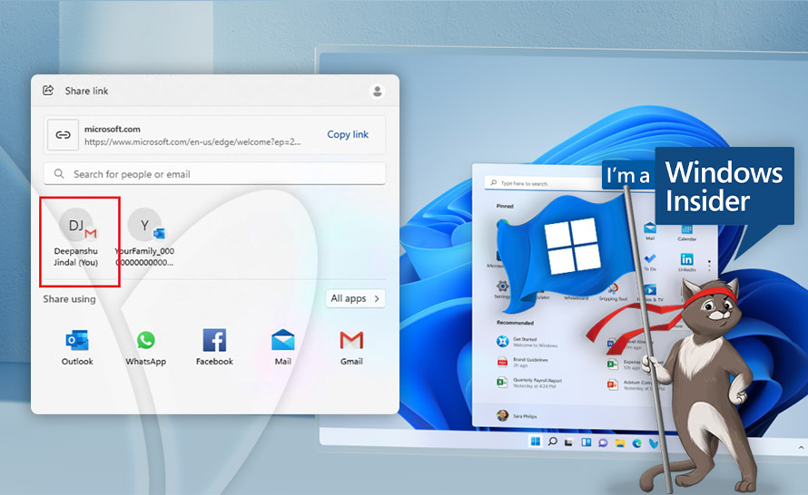 Wysyłanie QR i na własny Gmail w Windows 11 (build 26212 w Canary Channel)