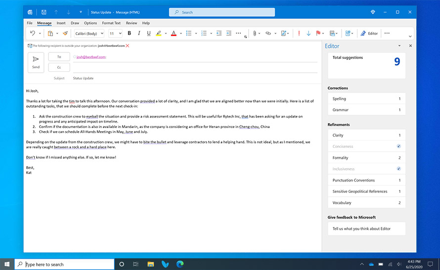 Redaktor Microsoft z nowym panelem w Outlook dla Windows