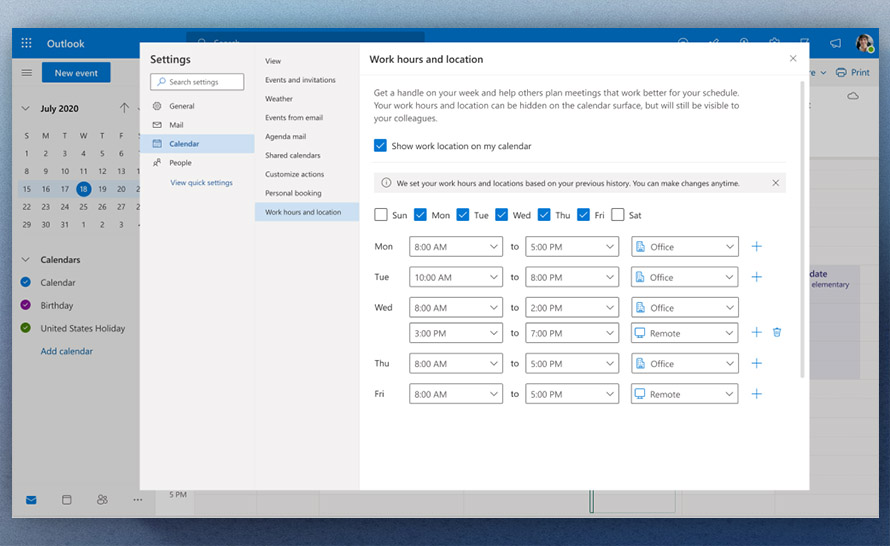 Nowe sposoby ustawiania i pokazywania czasu i miejsca pracy w kalendarzu Outlook
