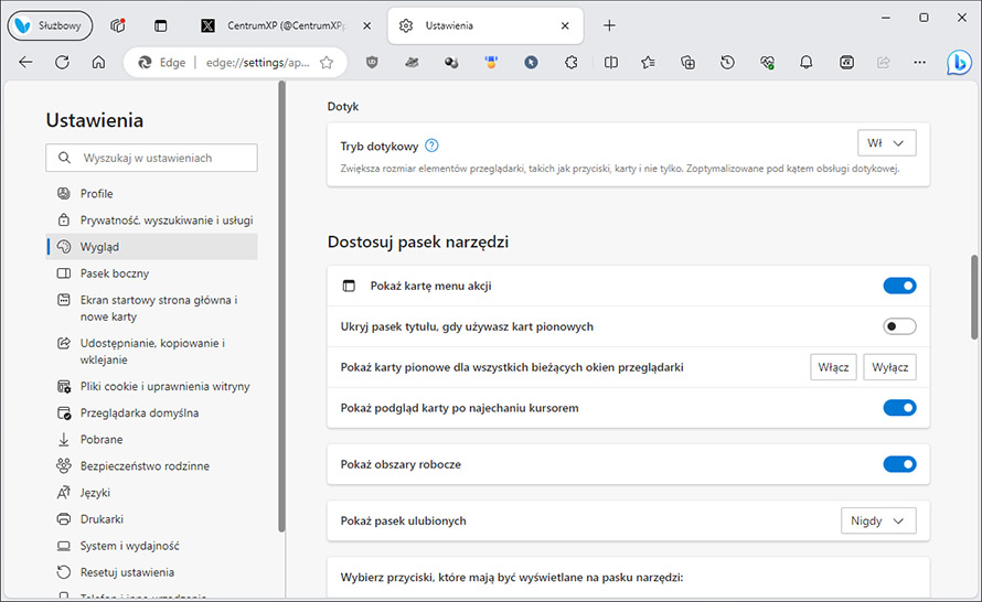 Tryb dotykowy w Microsoft Edge Dev (build 117.0.2024.1)