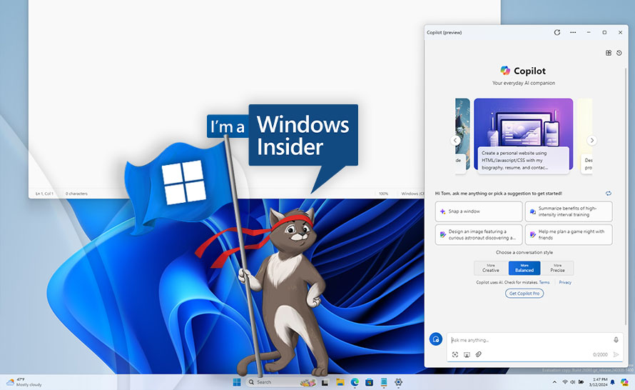 Reklamy w menu Start i Copilot w oknie w Windows 11 23H2 (build 22635.3495 w Beta Channel)