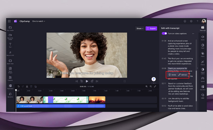 Jak przyciąć film? Teraz bezpośrednio w transkrypcji AI w Clipchamp