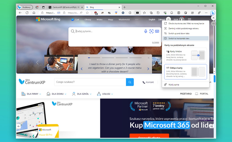 Pionowy podział ekranu w Microsoft Edge Dev (build 118.0.2088)