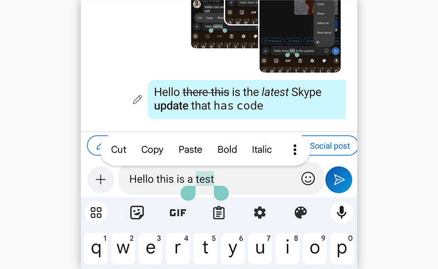 Formatowanie tekstu wiadomości w Skype Insider 8.115 na Androidzie