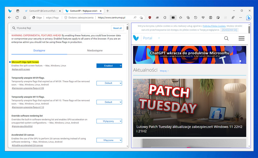 Podział okna trafi do wszystkich w Microsoft Edge Stable