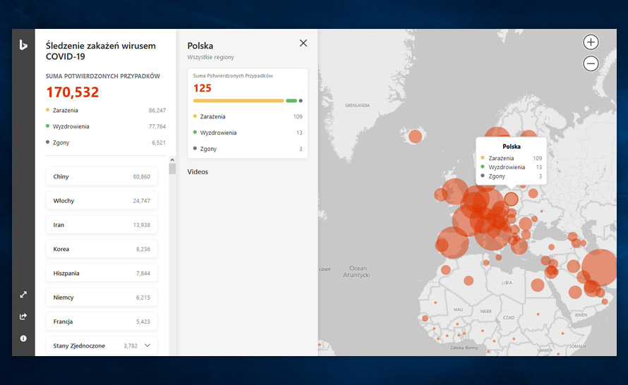 Interaktywna mapa zakażeń koronawirusem w Bing