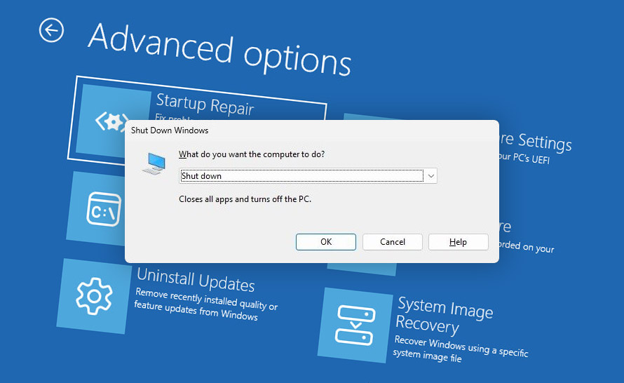 Aktualizacja wizualna Zamykania systemu i Środowiska odzyskiwania w Windows 11