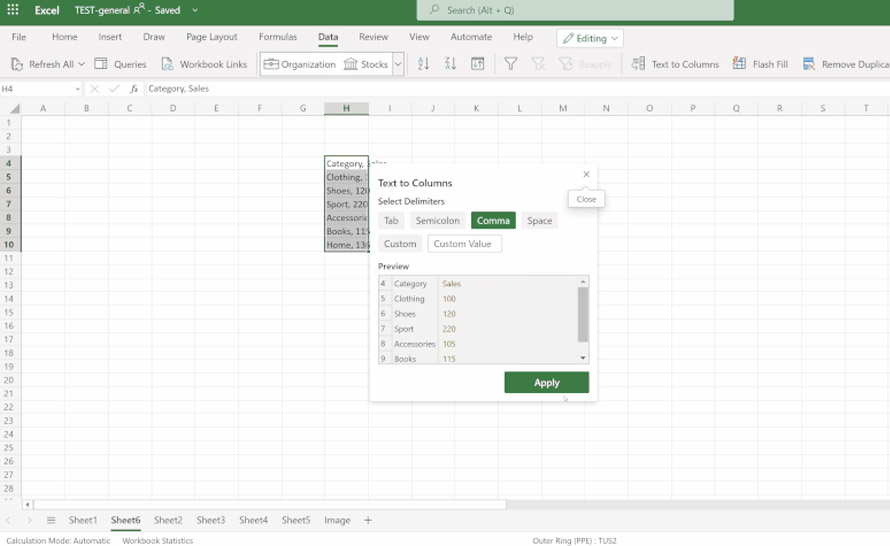Podział tekstu na kolumny i nowe skróty klawiszowe w Excelu dla sieci Web