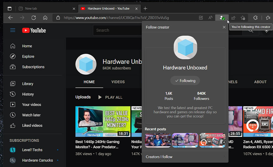 Microsoft Edge z nową funkcjonalnością obserwowania twórcy w YouTube