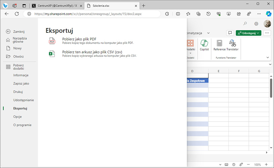 Eksportowanie do CSV już dostępne w Excelu dla sieci Web