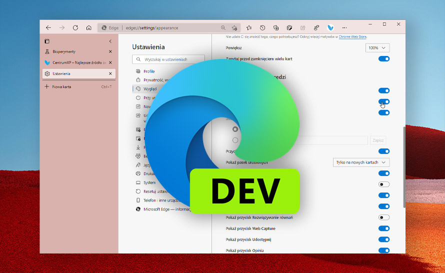 Globalne ustawienie pionowych kart i inne zmiany w Microsoft Edge Dev (build 92.0.891.1)