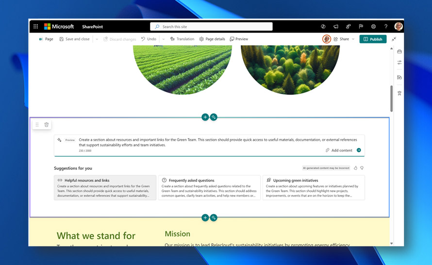 Copilot w SharePoint. Nowa funkcja Sekcje z AI