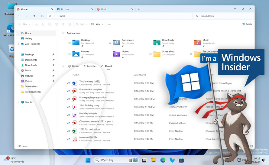 Udostępnione pliki w Eksploratorze w Windows 11 (build 26120.1843 w Dev Channel)