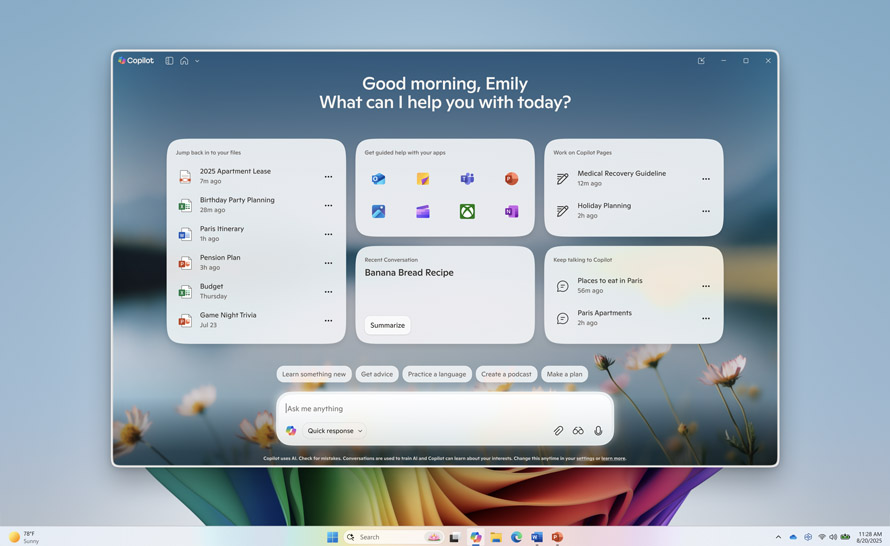 Nowe menu główne aplikacji Copilot na Windows