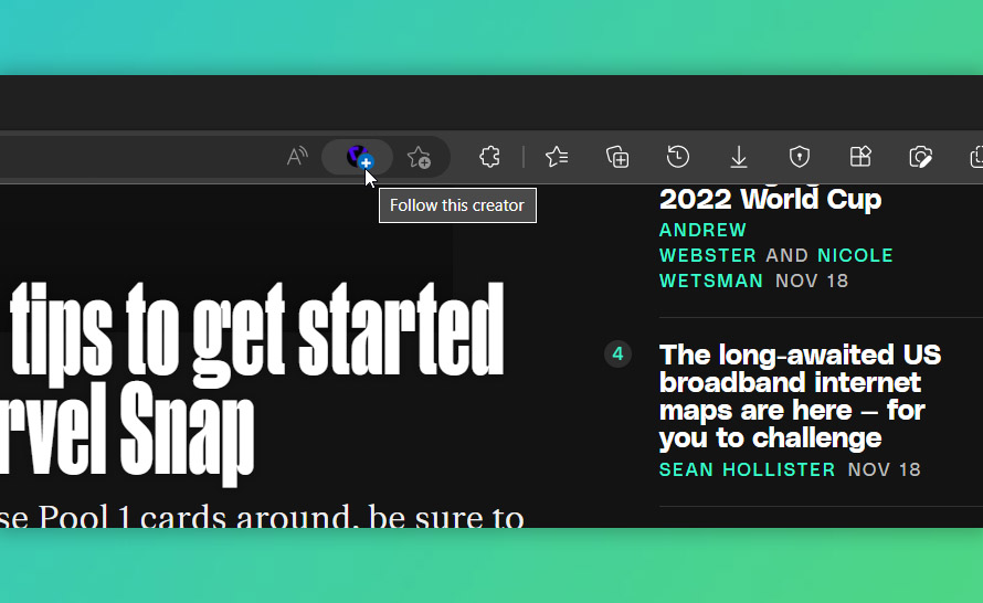 Microsoft Edge z opcją "Obserwuj tego twórcę" na stronach z wiadomościami