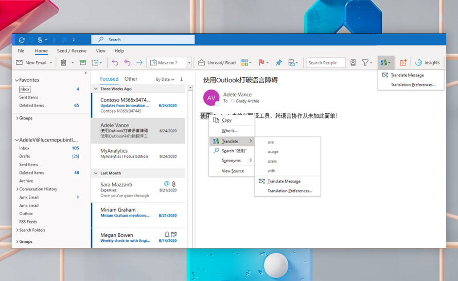 Wbudowany Tłumacz, Redaktor Microsoft i inne nowości w Outlook