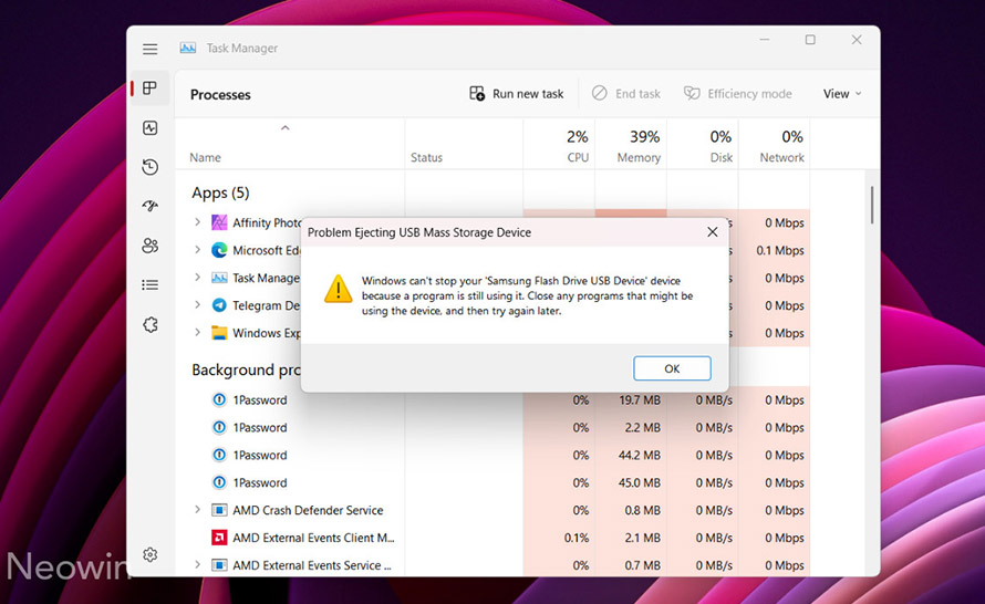 Windows 11 nie pozwala bezpiecznie wysunąć nośnika, gdy Menedżer zadań jest otwarty