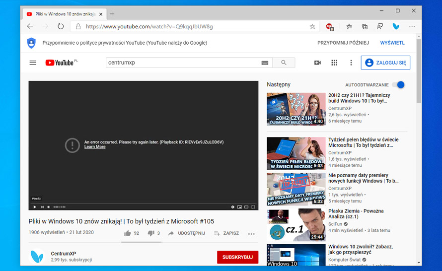 YouTube przestał działać w Edge. Rozwiązanie Microsoftu: wyłączyć Adblocka