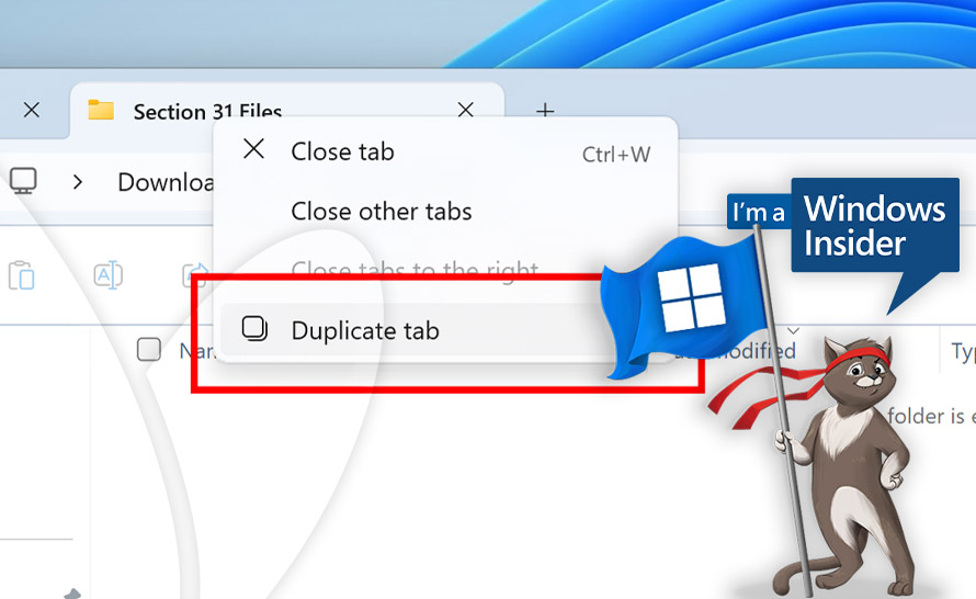 Duplikowanie kart Eksploratora w Windows 11 (build 26257 w Canary Channel)