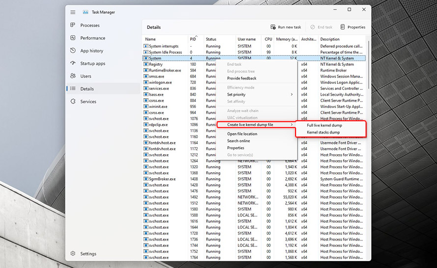 Menedżer zadań w Windows 11 pozwala tworzyć zrzuty pamięci jądra