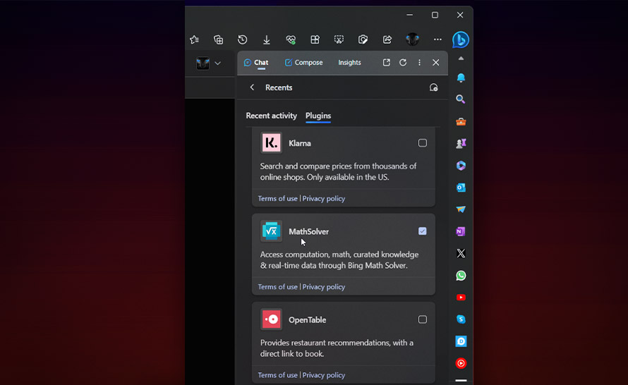 Spotify, MathSolver i Adobe Express w panelu Bing Chat w Microsoft Edge