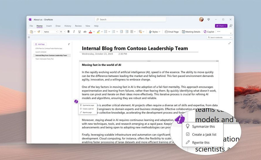 Szybkie akcje Copilota w OneNote na Windows