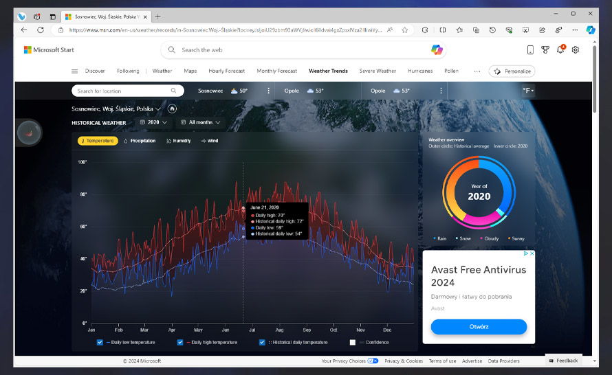 Historyczne dane pogodowe na portalu Microsoft Start