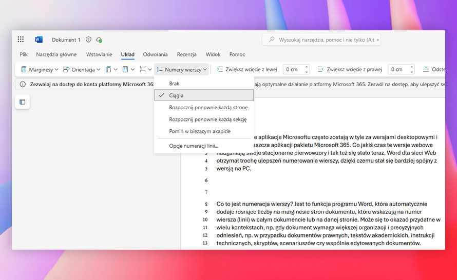 Ulepszona numeracja wierszy w Word dla sieci Web