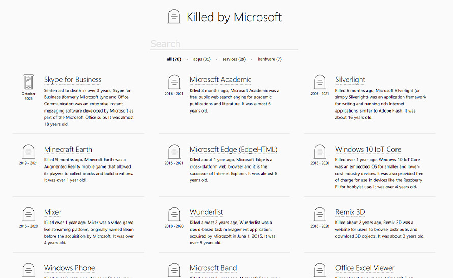 Killed by Microsoft - cmentarzysko uśmierconych produktów Microsoftu