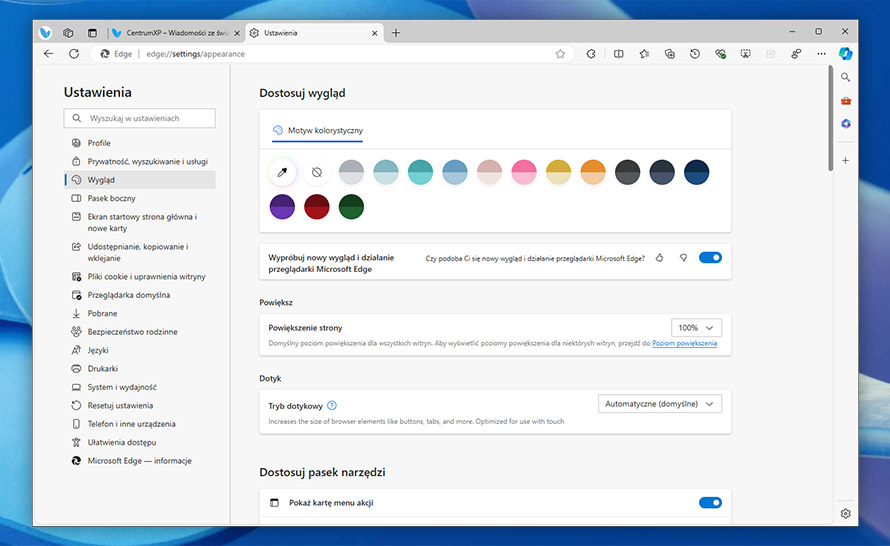 Nowy układ strony ustawień wyglądu w Edge