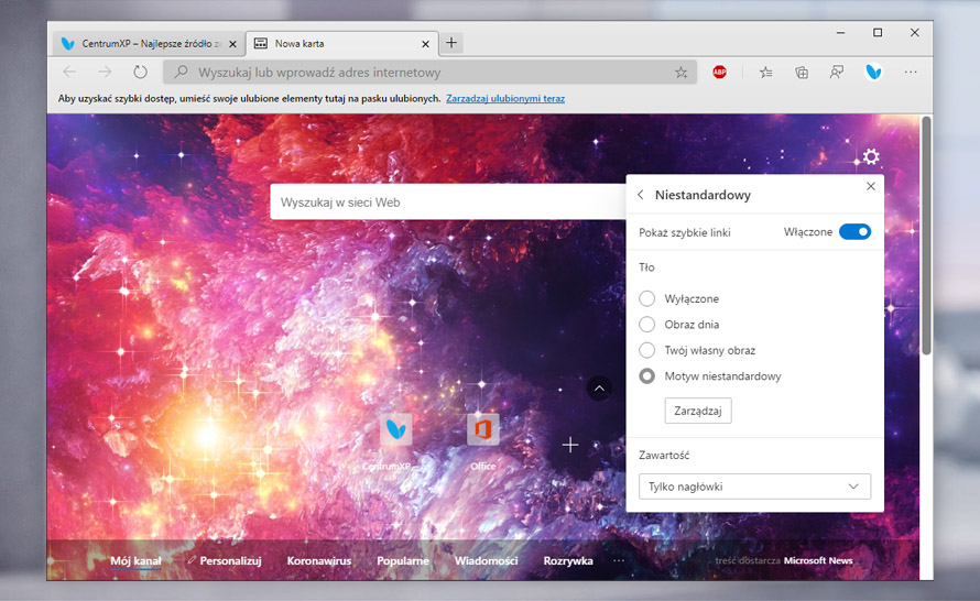 Microsoft Edge pozwala ustawić niestandardowy motyw strony nowej karty