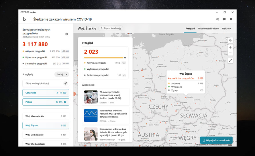 Bing COVID-19 Tracker teraz jako samodzielna aplikacja do pobrania z Microsoft Store