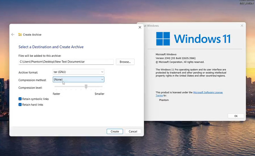Windows 11 22H2 i 23H2 umożliwi tworzenie archiwów TAR i 7z