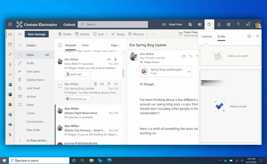 Wiadomości, kalendarz i zadania na jednym ekranie w Outlook w przeglądarce