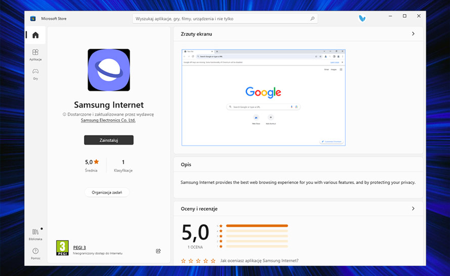 Przeglądarka Samsung Internet wydana w Microsoft Store