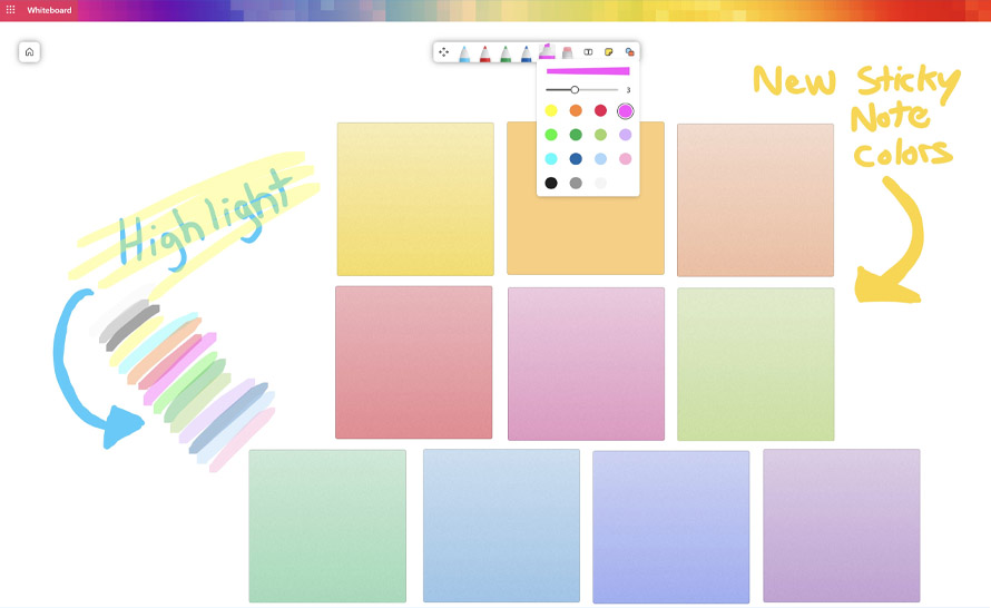Nowe kolory i narzędzie wyróżniania w Microsoft Whiteboard