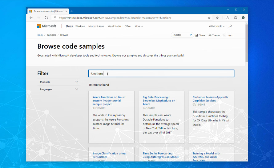 Fragmenty kodu w wygodnej przeglądarce Microsoft Docs