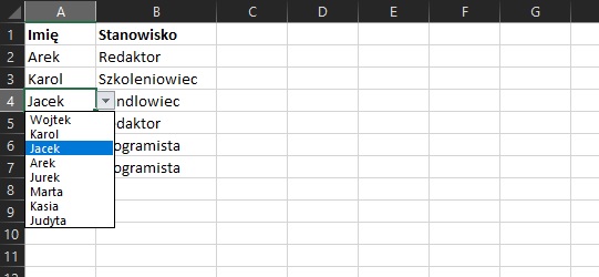 Lista rozwijana Excel