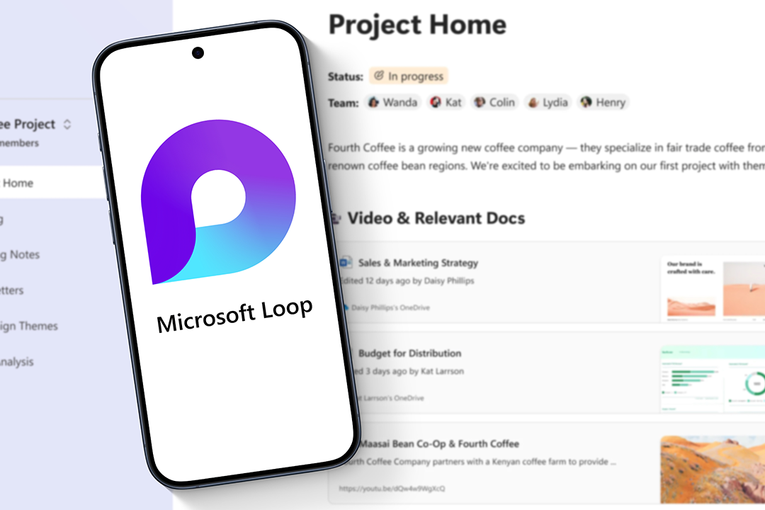 Widok projektu Microsoft Loop i logo wyświetlane na smartfonie