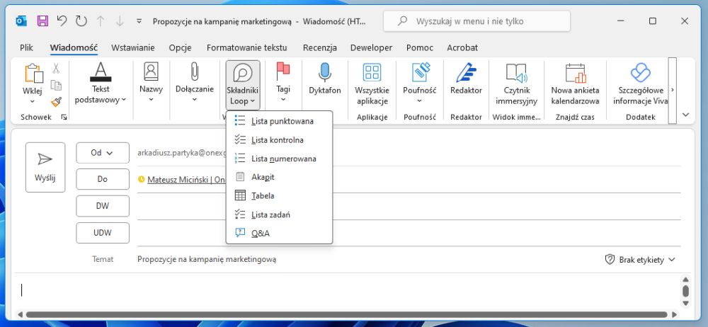 Składniki Loop w Outlook